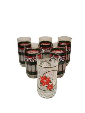 Vintage Coca-Cola Tiffany Style Stained Glass / Poinsette Drinking Glasses set o